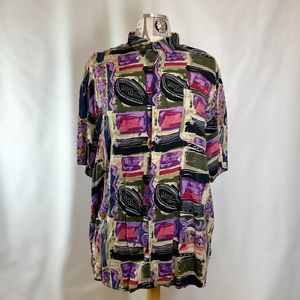 Robert Stock Vintage Rayon Retro Patterned Short Sleeve Button Up Blouse